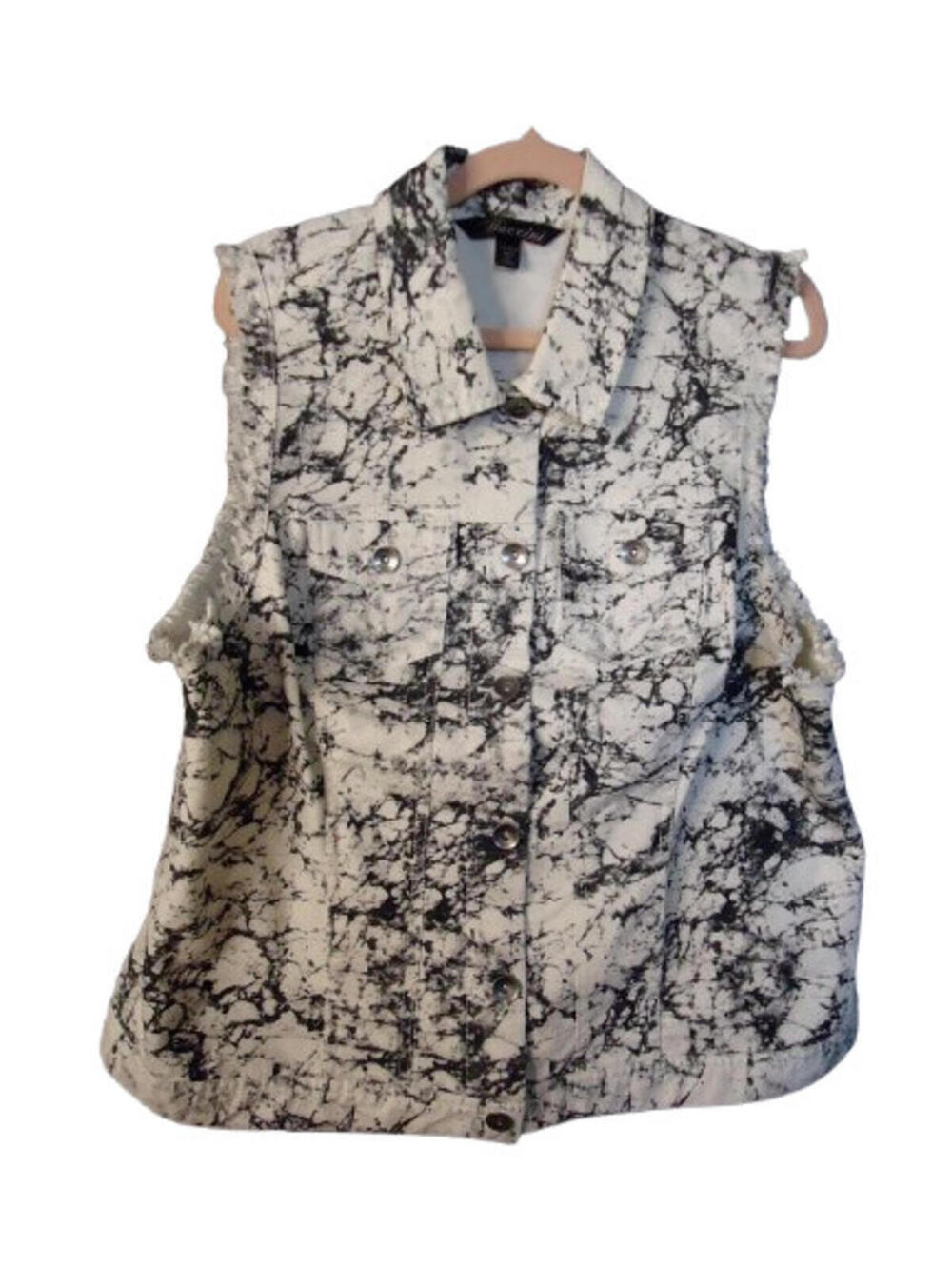 BACCINI Denim Marble Print Denim Vest Fringed Shoulders Size 14/16W